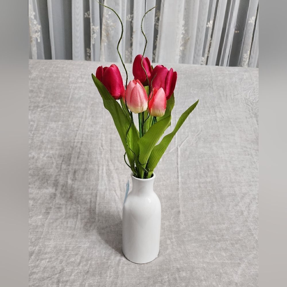 Rose Red Real Feel Tulip Arrangement in Glass Pot, 16"